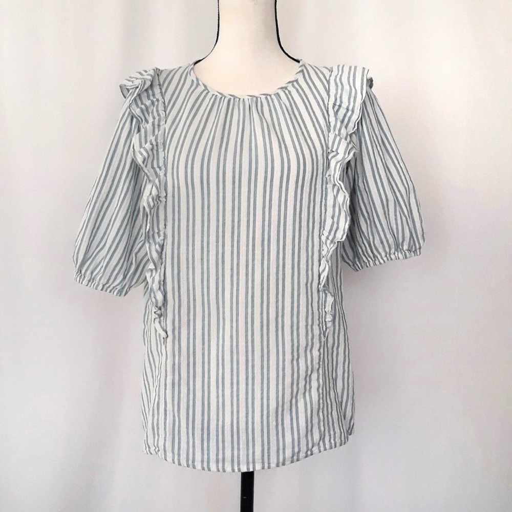 Universal Thread White Blue Striped Cotton Ruffle Peasant Top